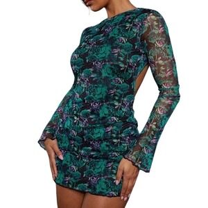 NWT PrettyLittleThing Green Floral Print Mesh Scoop Back Flare Sleeve  Dress - 4